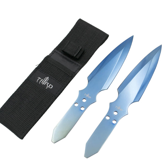 2 couteaux de lancer lame plaquée titane bleu vif H0069A