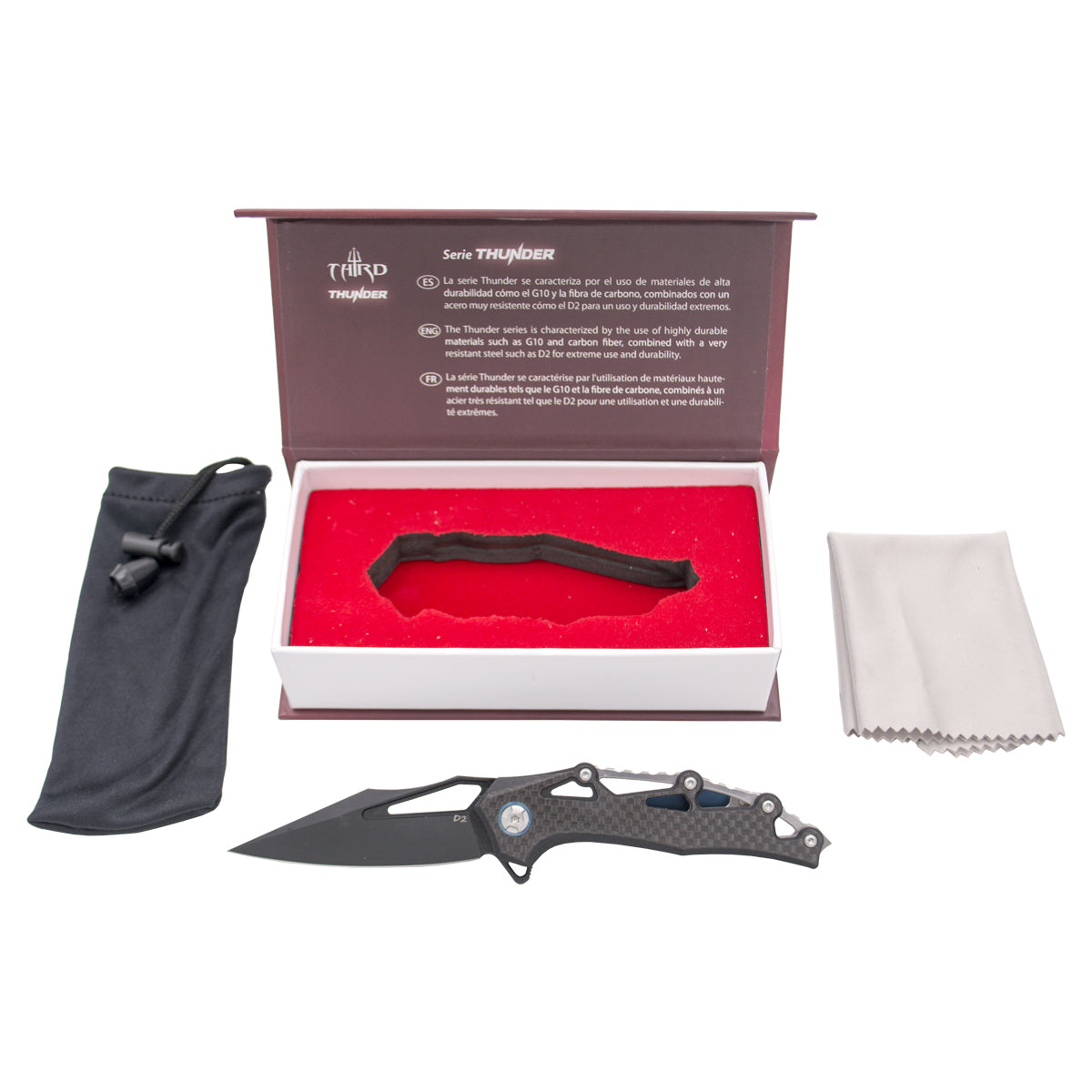 Couteau assisté Third K4110, Thunder Series, couteau avec manche en fibre de carbone et G10 en noir